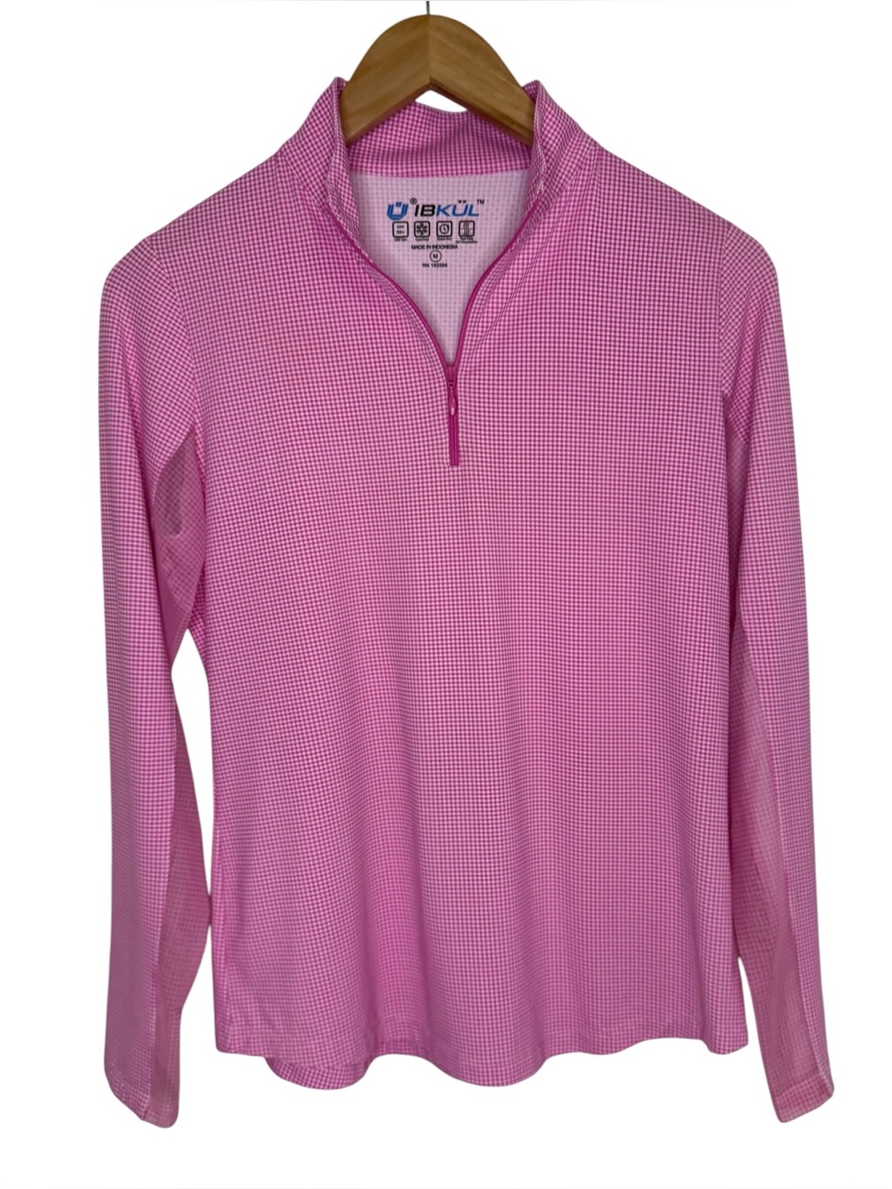 Ibkul Women’s Mesh  Long Sleeve Mock Neck 1/4 Zip Top Pink Check UPF50+  Medium